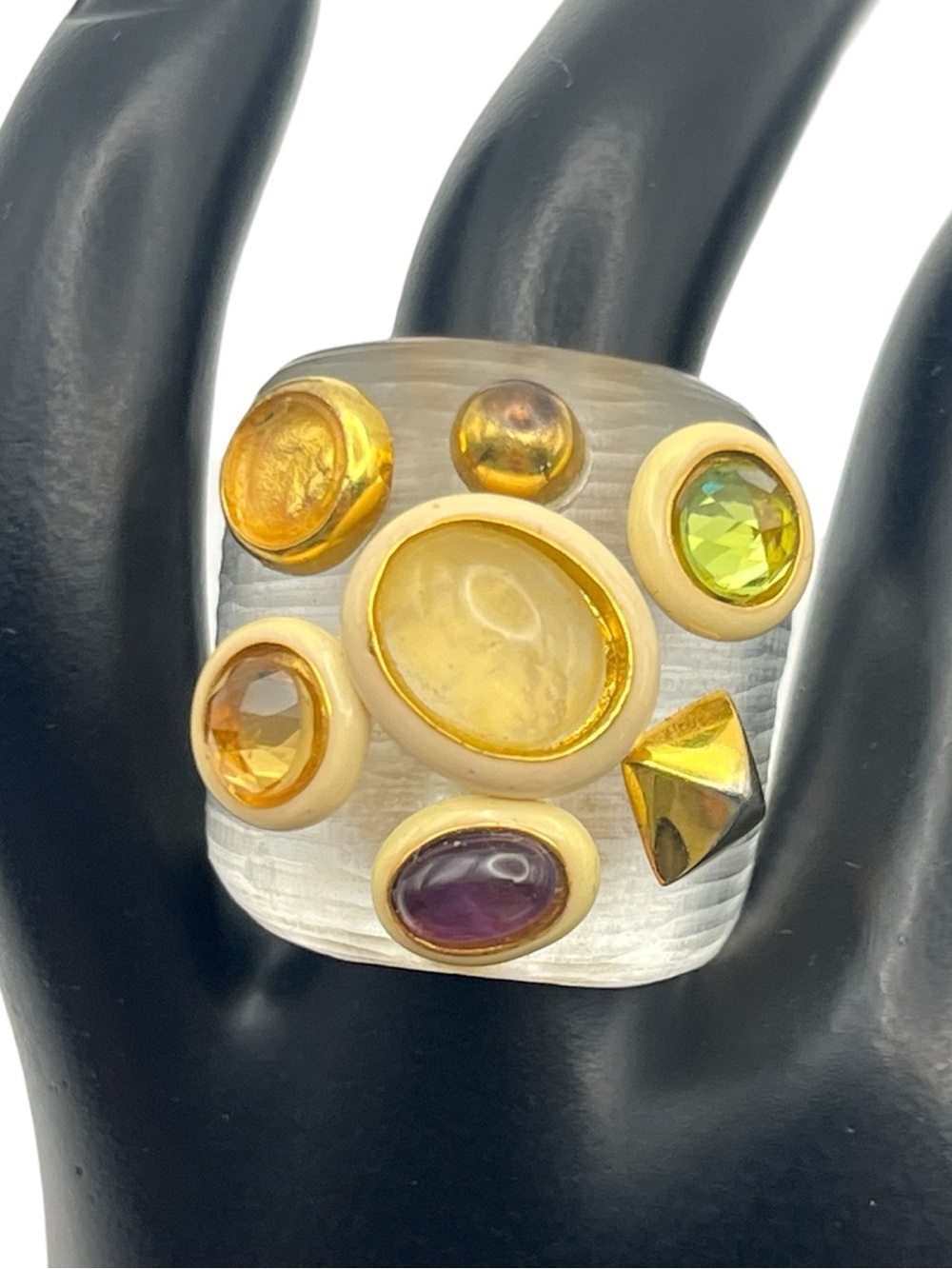 Alexis Bittar lucite multi colored stone cluster gold tone ring size 8